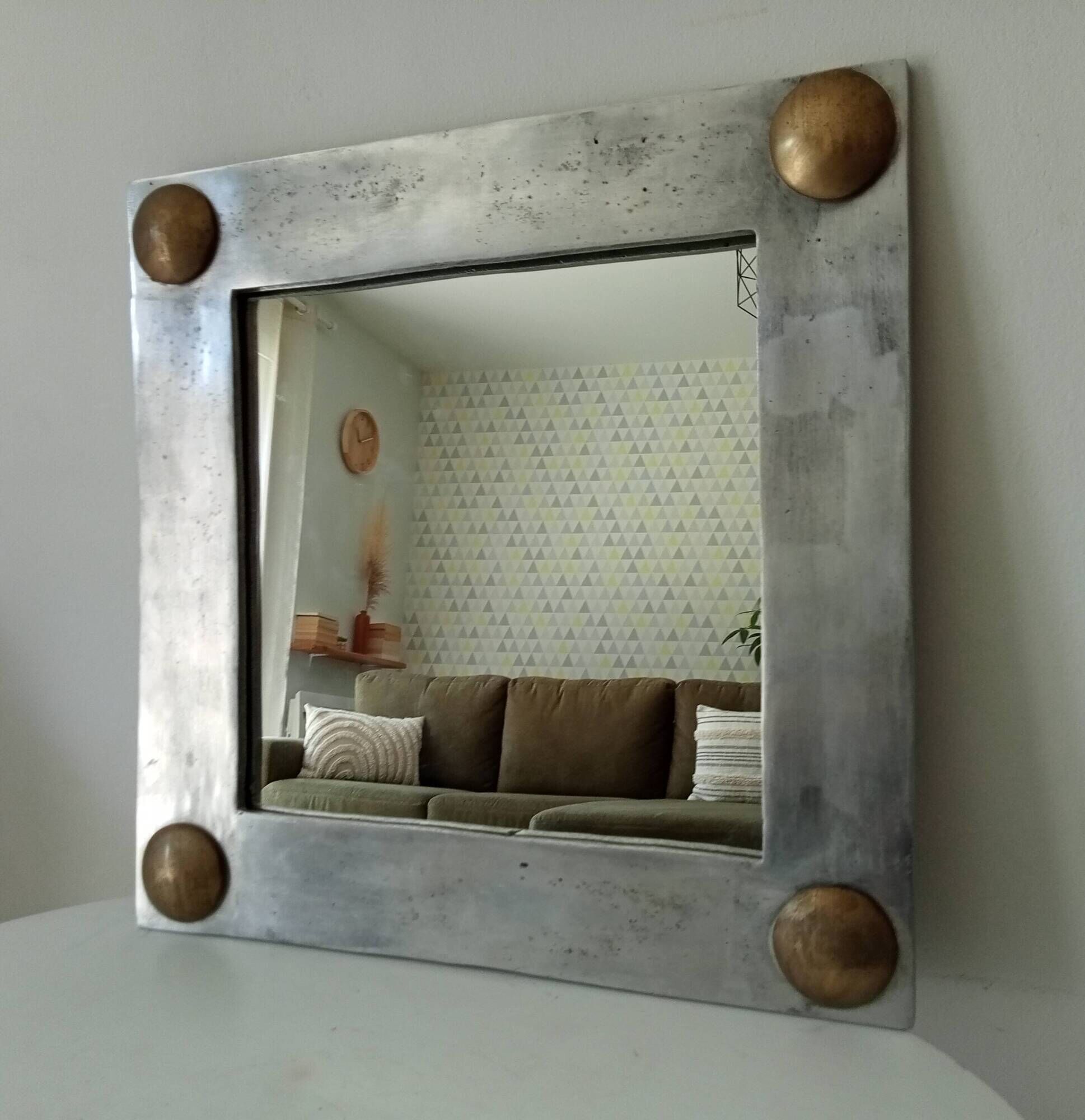 Vintage folk art mirror in cast aluminum and solid brass 60s/70s 50*50 cm