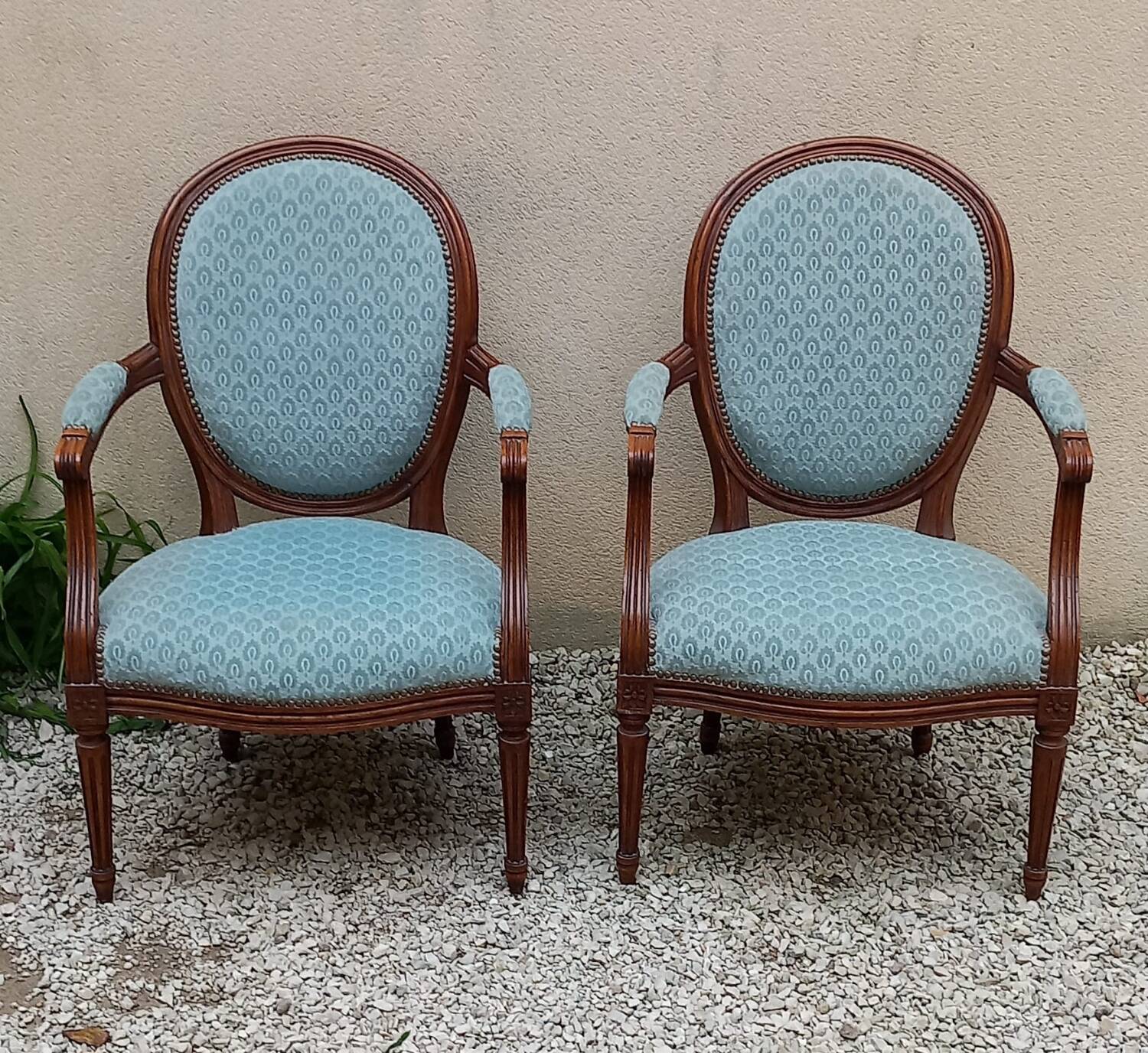 Pair of Louis XVI style medallion armchairs