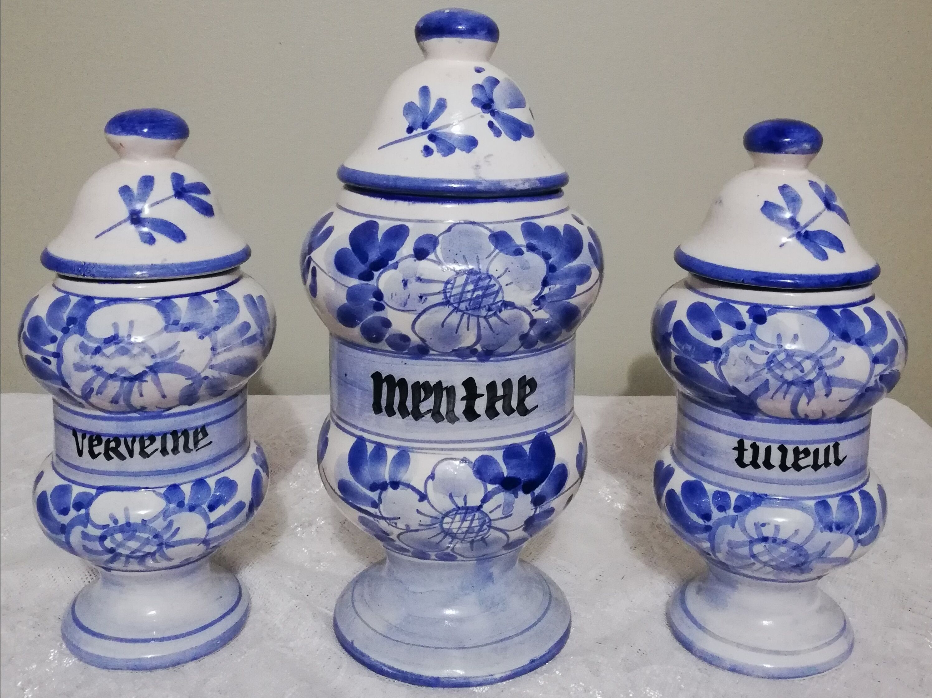 3 Delft style earthenware spice jars or apothecary pots
