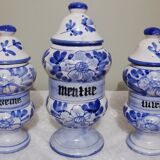 3 Delft style earthenware spice jars or apothecary pots