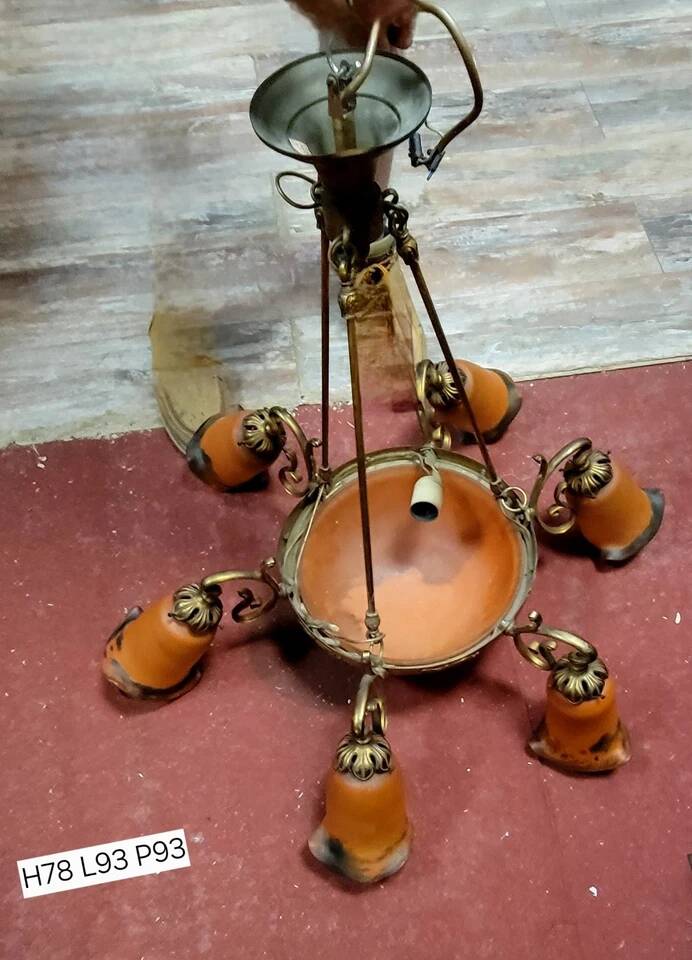 After Muller: Art Nouveau style chandelier in brass, bronze and glass paste