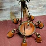 After Muller: Art Nouveau style chandelier in brass, bronze and glass paste