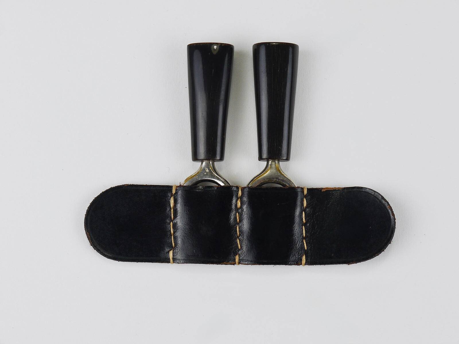 Carl Aubock Pair Forks, Horn, Brass, Leather Holder, Corn Cob Skewers 1930s