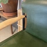 Galathée armchair in green leather, steel and ash wood