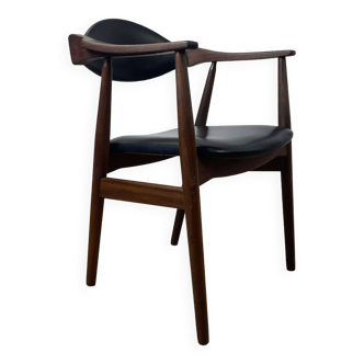 Fauteuil scandinave vintage en teck et skaï noir, années 60