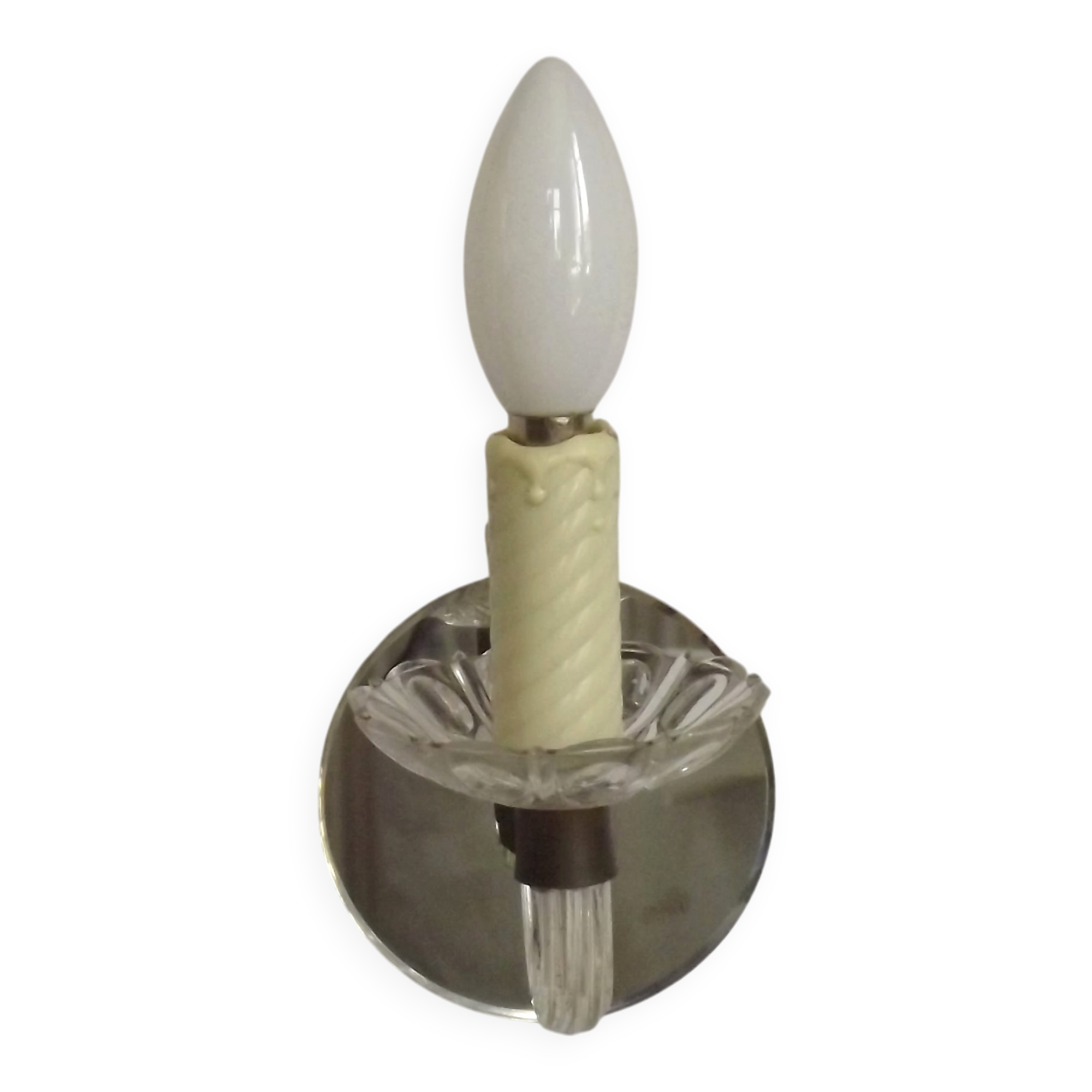 French Vintage Small Mirrored Backplate Wall Sconce Glass Arm & Bobeche