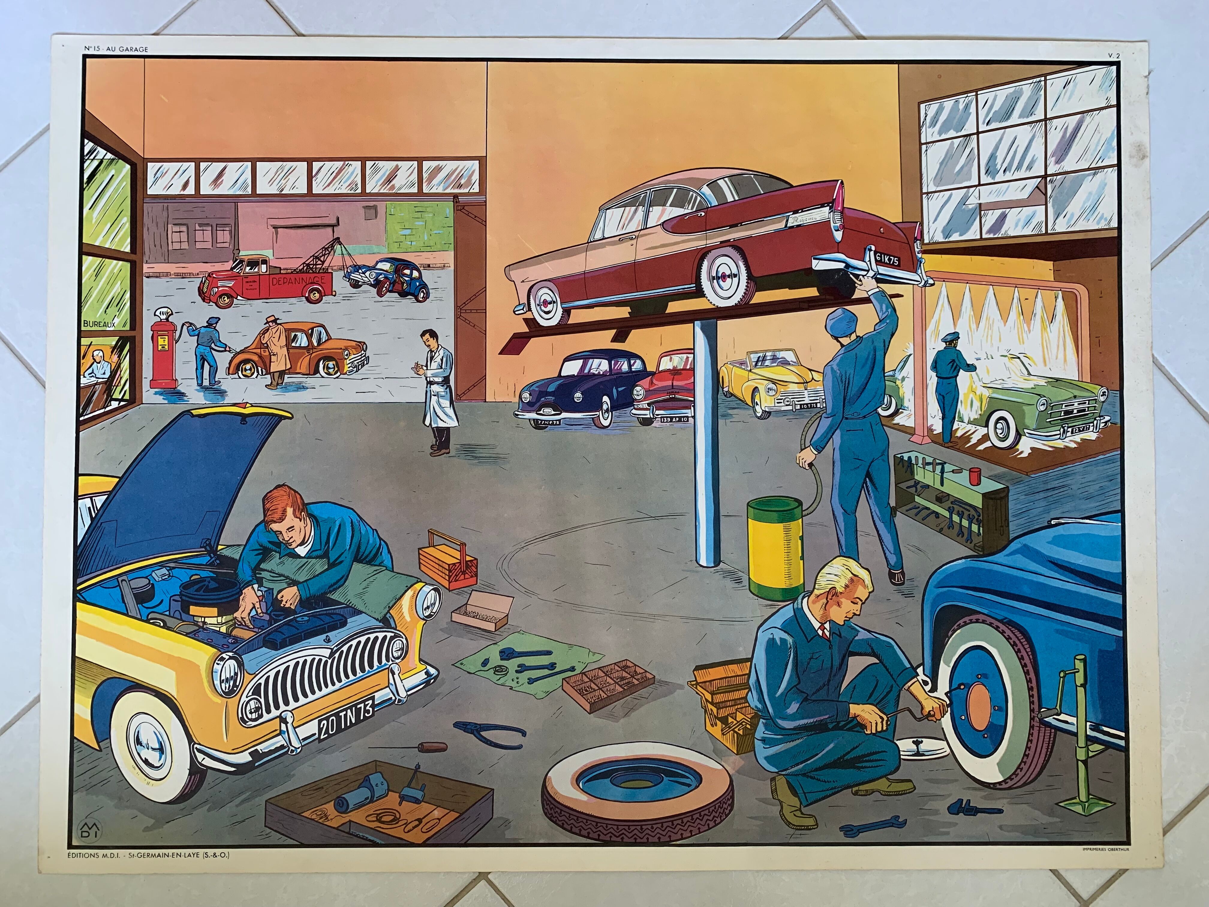 School poster 1960 framed double-sided n14bis The butcher charcutier- n 15 The garage