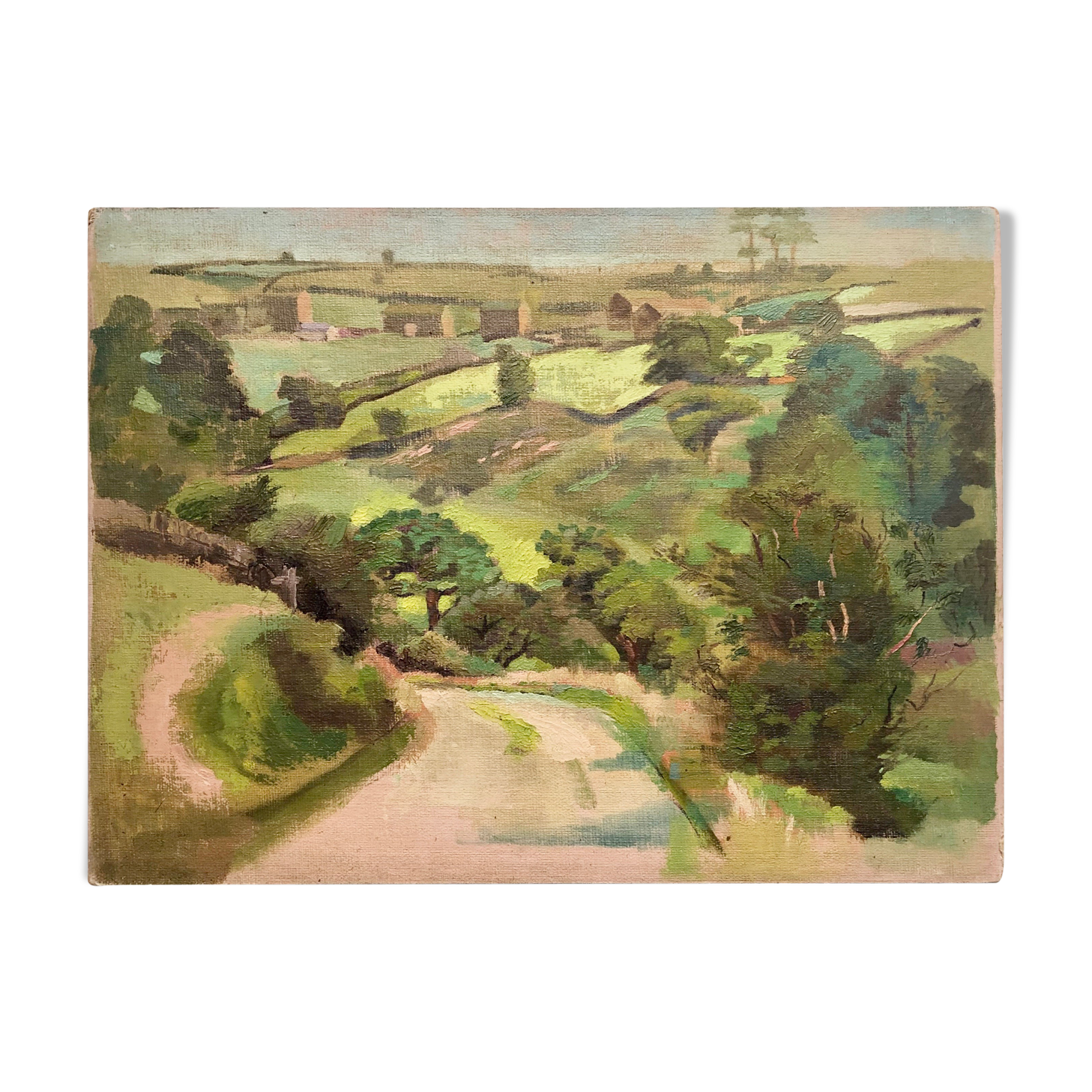 Oil on old cardboard depicting a hilly country landscape
