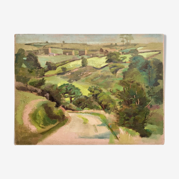 Oil on old cardboard depicting a hilly country landscape