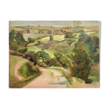 Oil on old cardboard depicting a hilly country landscape