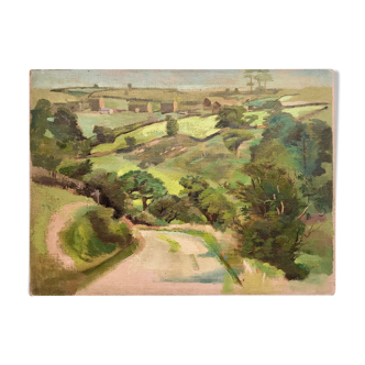Oil on old cardboard depicting a hilly country landscape