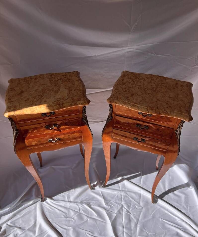 Louis XV Marquetry Bedside Tables, Pair of Vintage French Nightstands