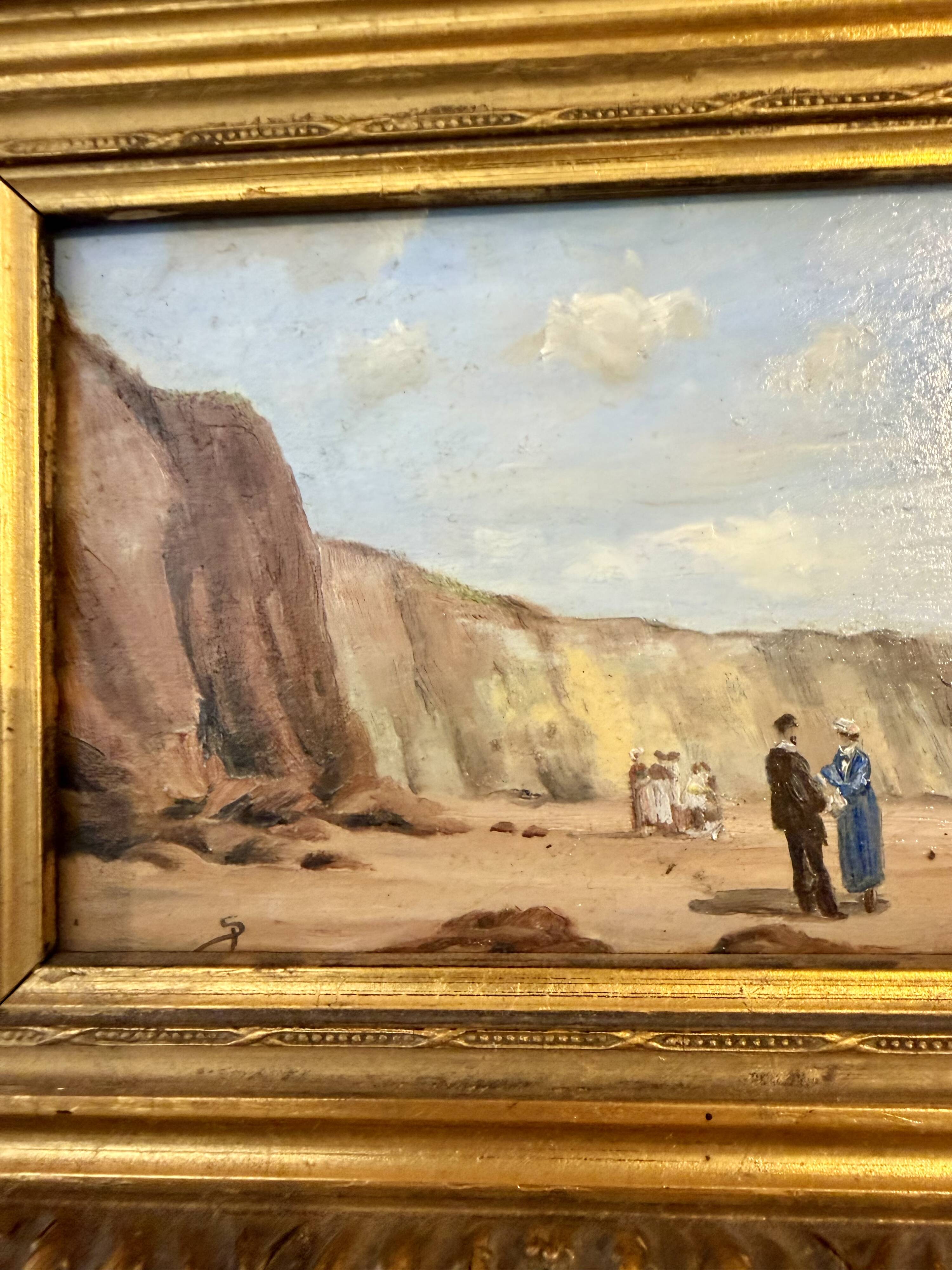 Oil on wood – Beach scene with cliffs – signed SP