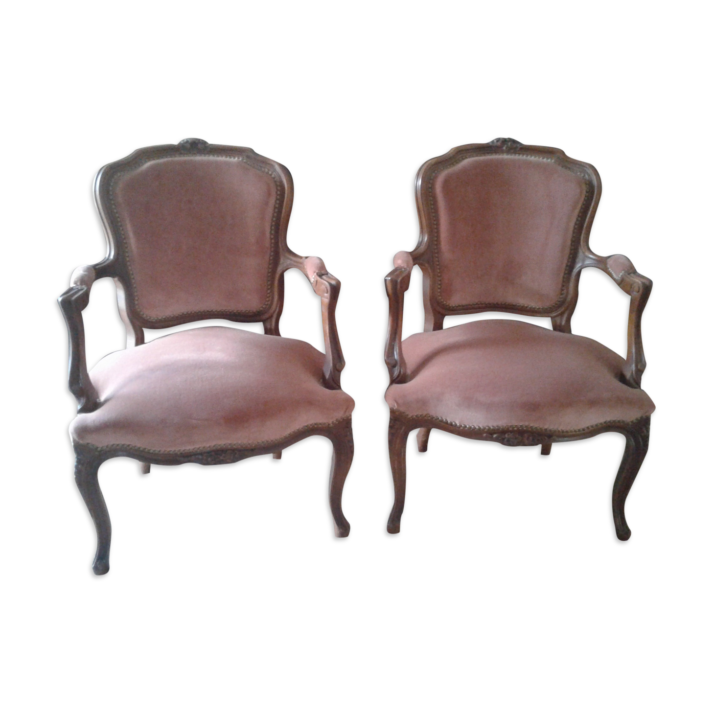 Paire fauteuils style Louis XV velours rose