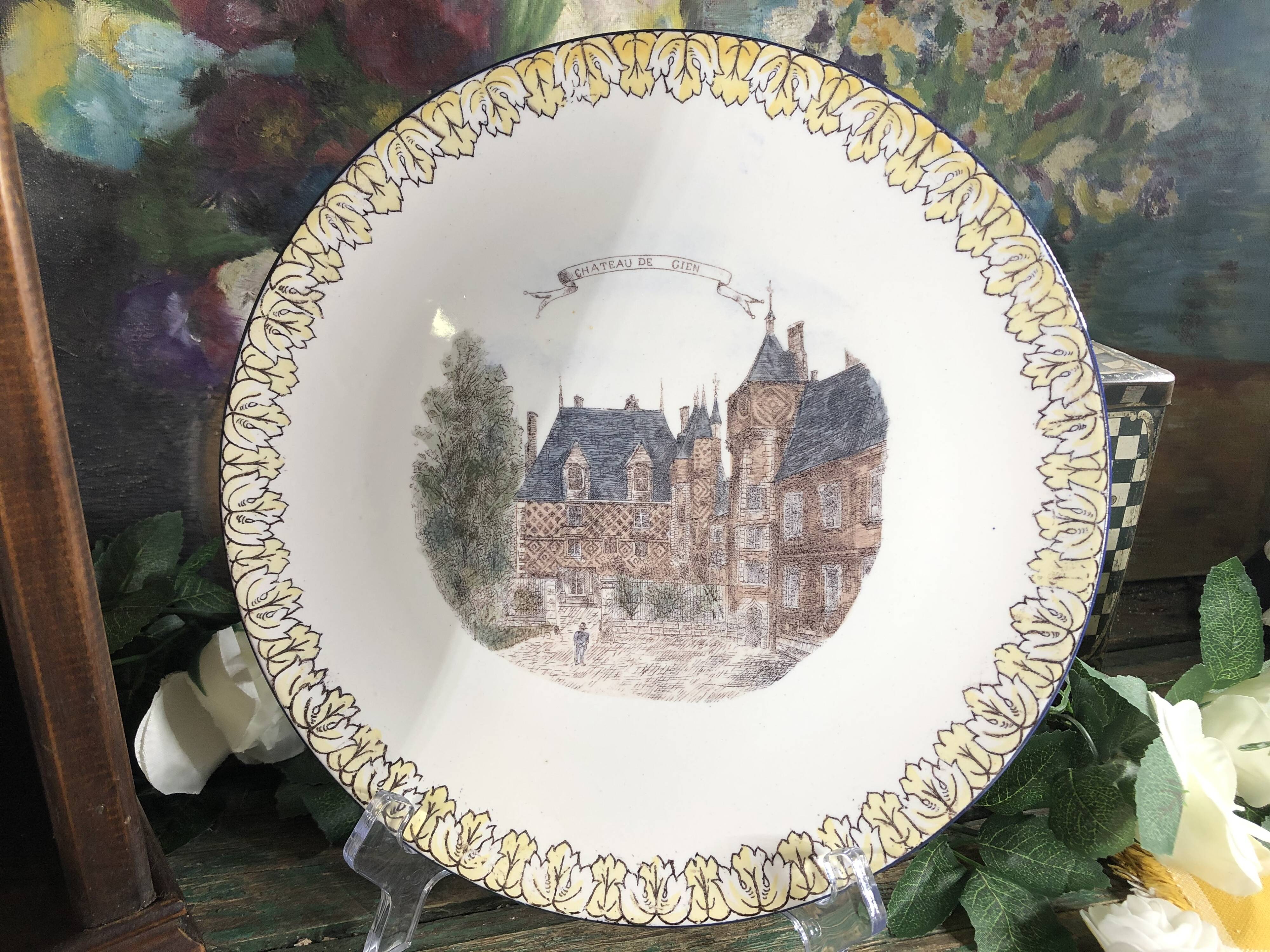 Gien earthenware cake presentation dish with castle decor