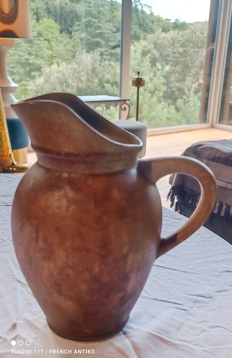Jug, iridescent glazed stoneware carafe.