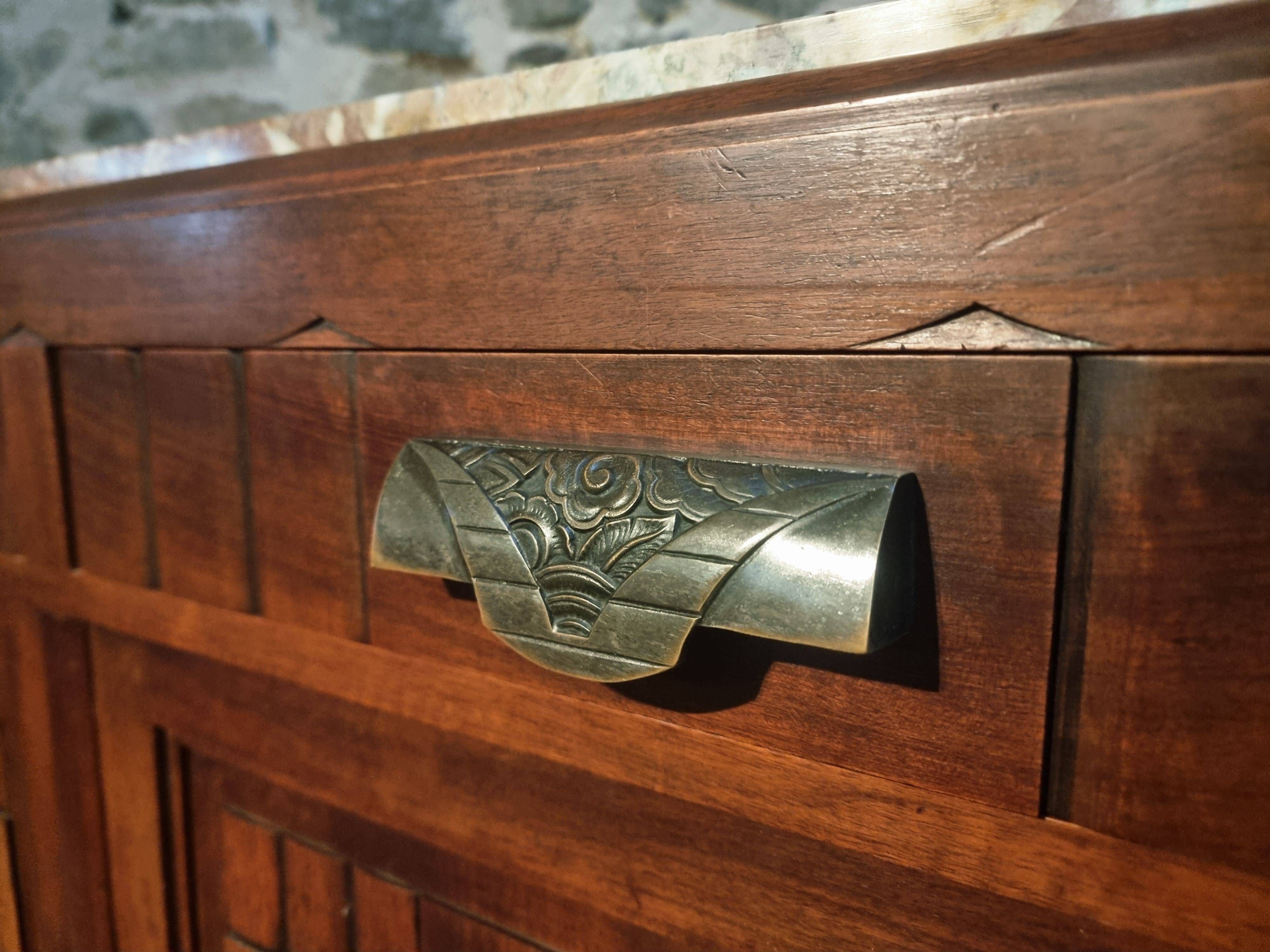 French Art Deco walnut sideboard with marble top (1930s)