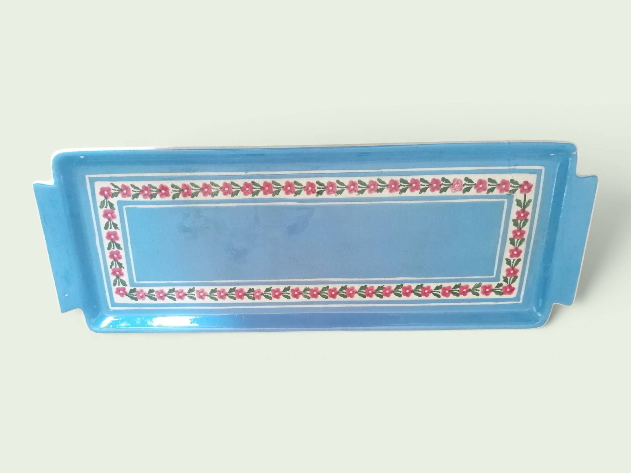 Service à thé en faience ancienne bleu et rose. Sarreguemine 1950