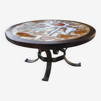 Seventies ceramic and wrought iron coffee table