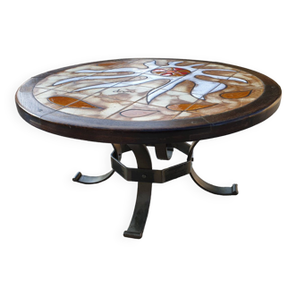 Seventies ceramic and wrought iron coffee table