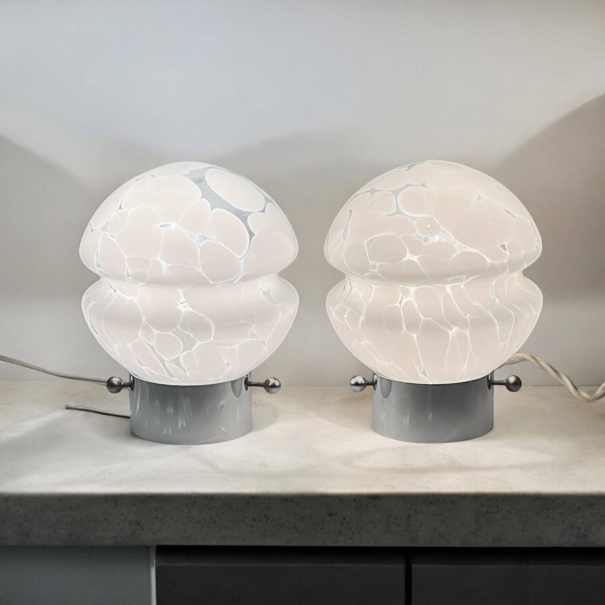 Vintage 70s Glass Table Lamps – White Glass with Metal Stand, Set of 2