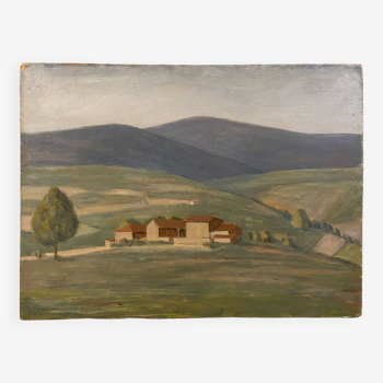 Landscape of the Monts du Lyonnais, with a stamp from the artist's studio around 1950