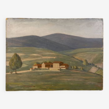 Paysage des Monts du Lyonnais, avec un cachet de l’atelier de l’artiste vers 1950