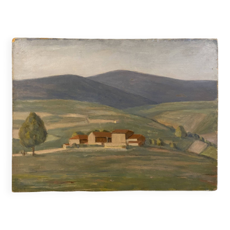 Paysage des Monts du Lyonnais, avec un cachet de l’atelier de l’artiste vers 1950