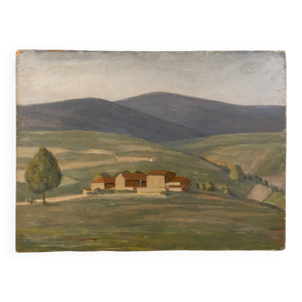 Landscape of the Monts du Lyonnais, with a stamp from the artist's studio around 1950