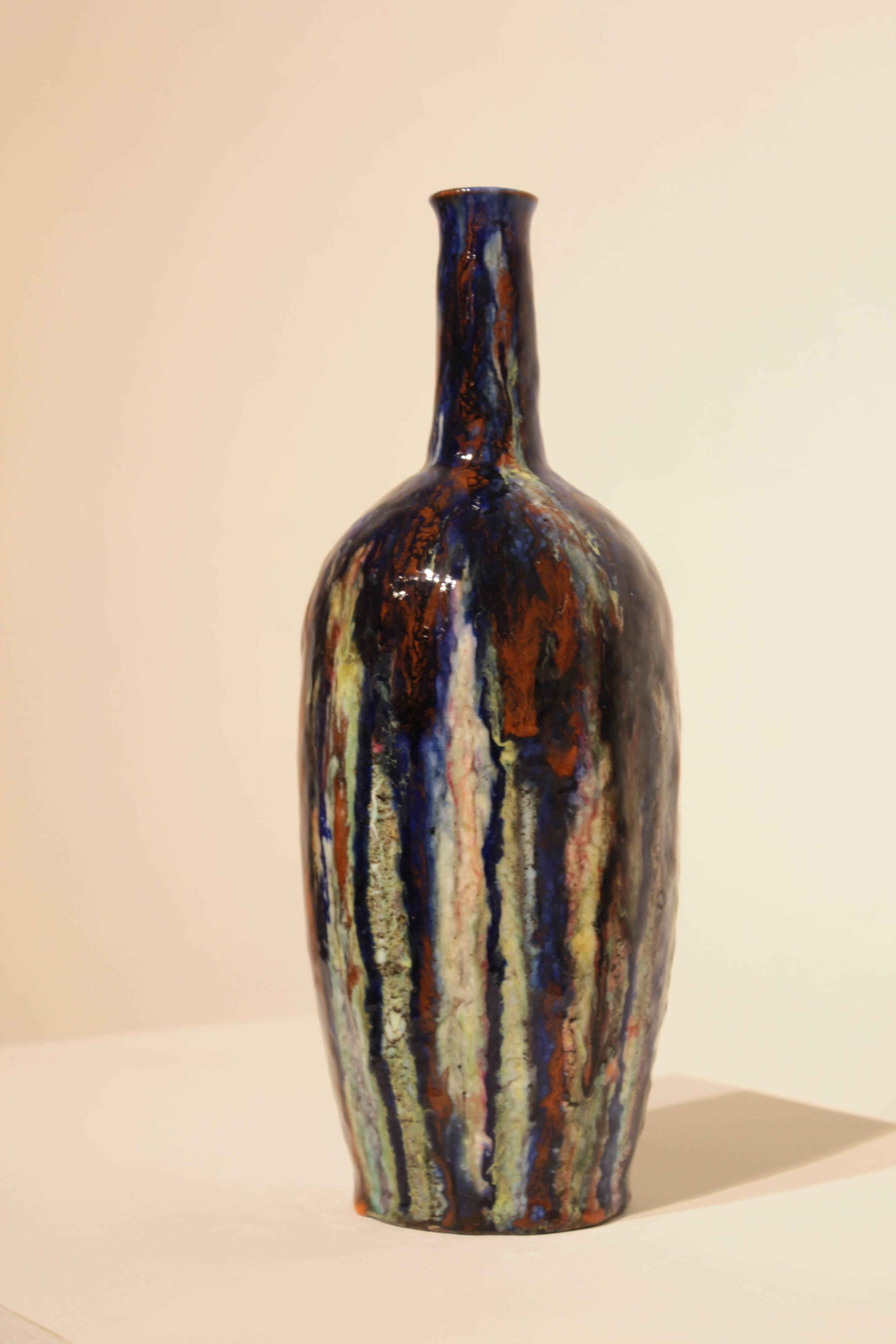 Multicolor glazed ceramic vase signed