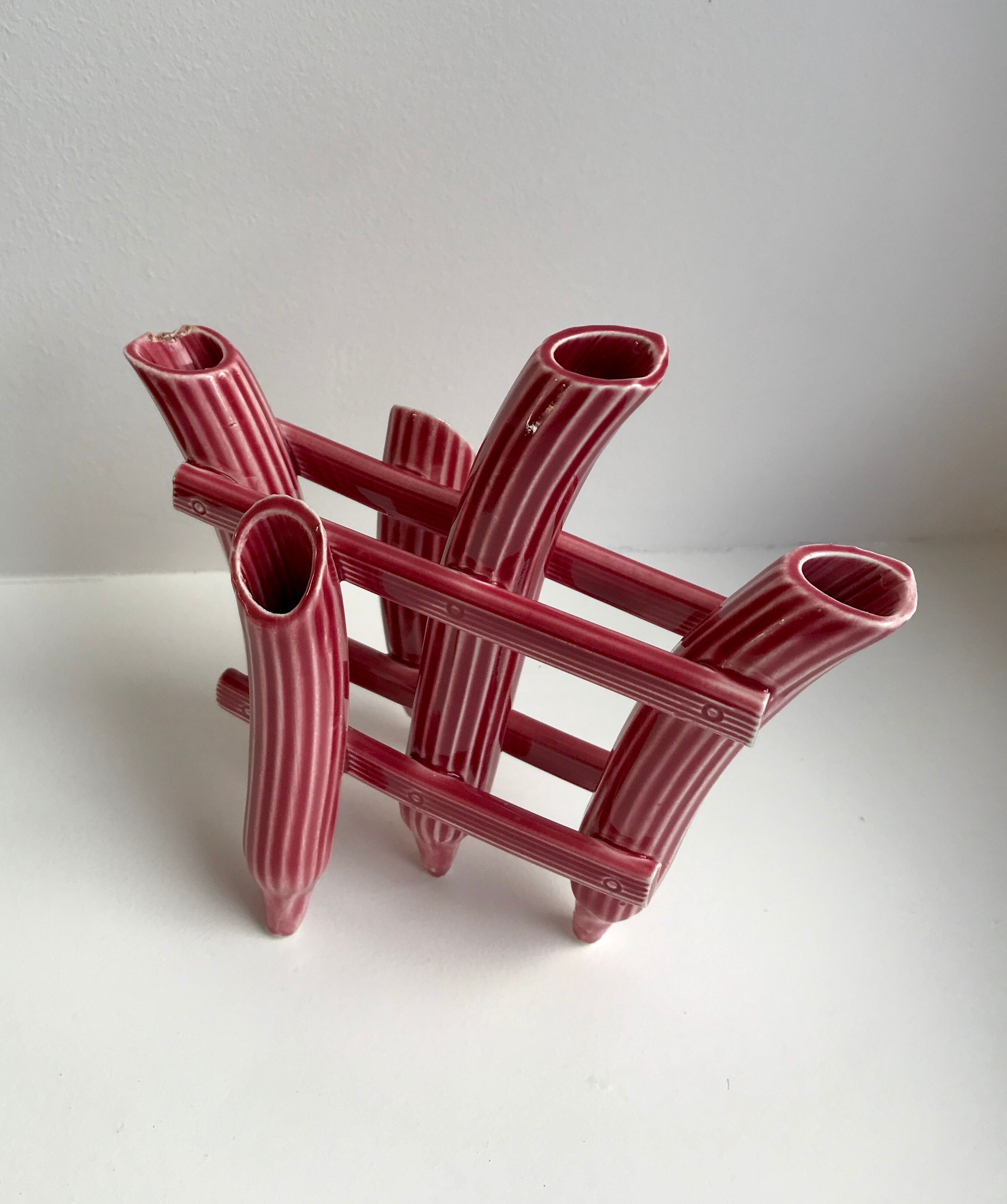 Soliflore en barbotine ancienne bambou rose années 50