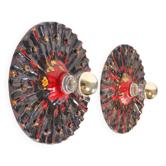 Set of two vintage brutalist ceramic discus wall sconces, Germany 1960's
