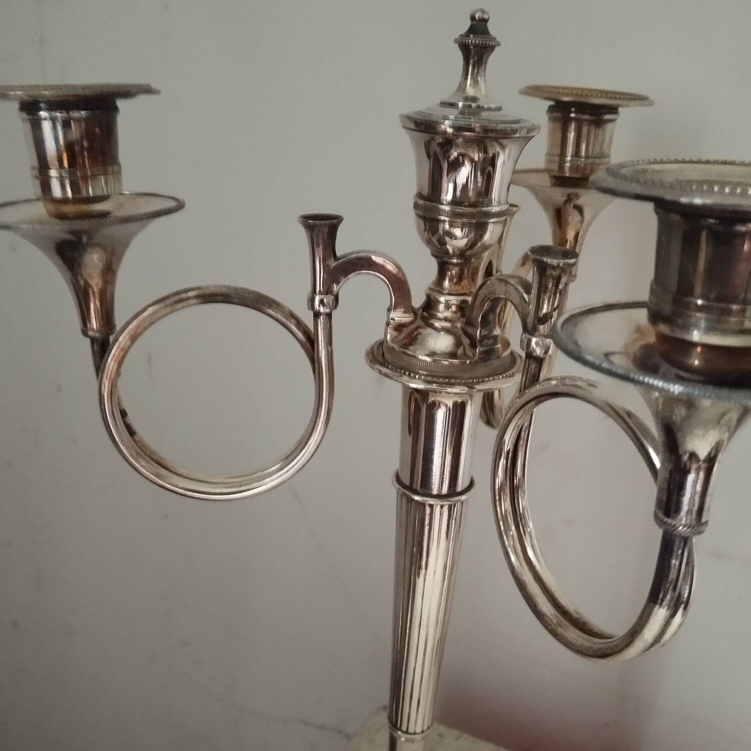 2 candelabra candlesticks hunting horn silver metal