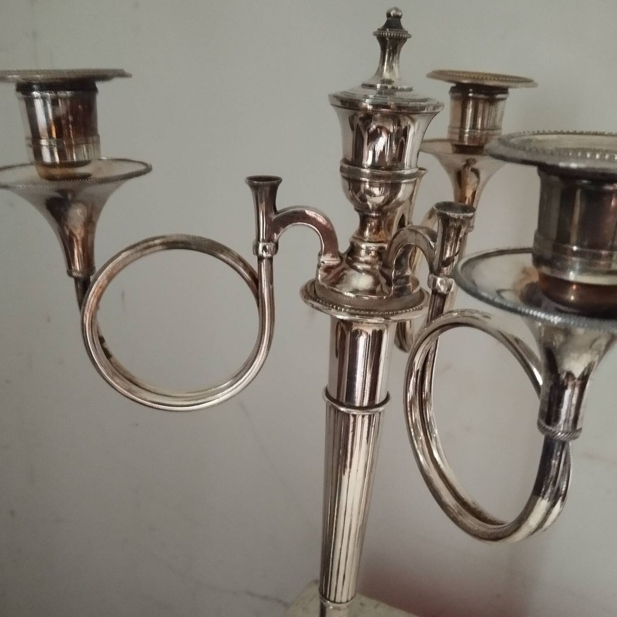 2 candelabra candlesticks hunting horn silver metal