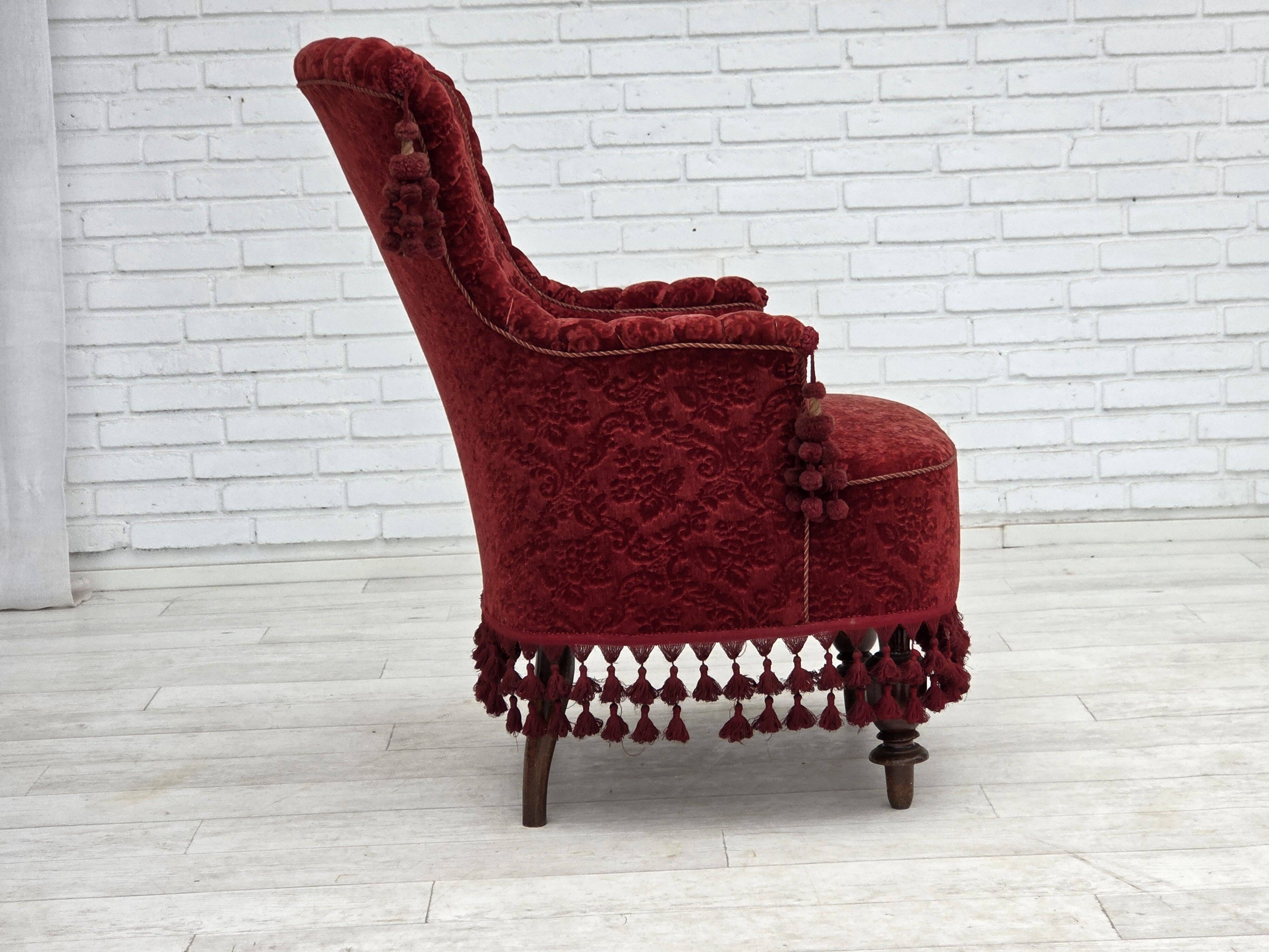 1950s, Danish armchair, furniture velour, beech wood legs.