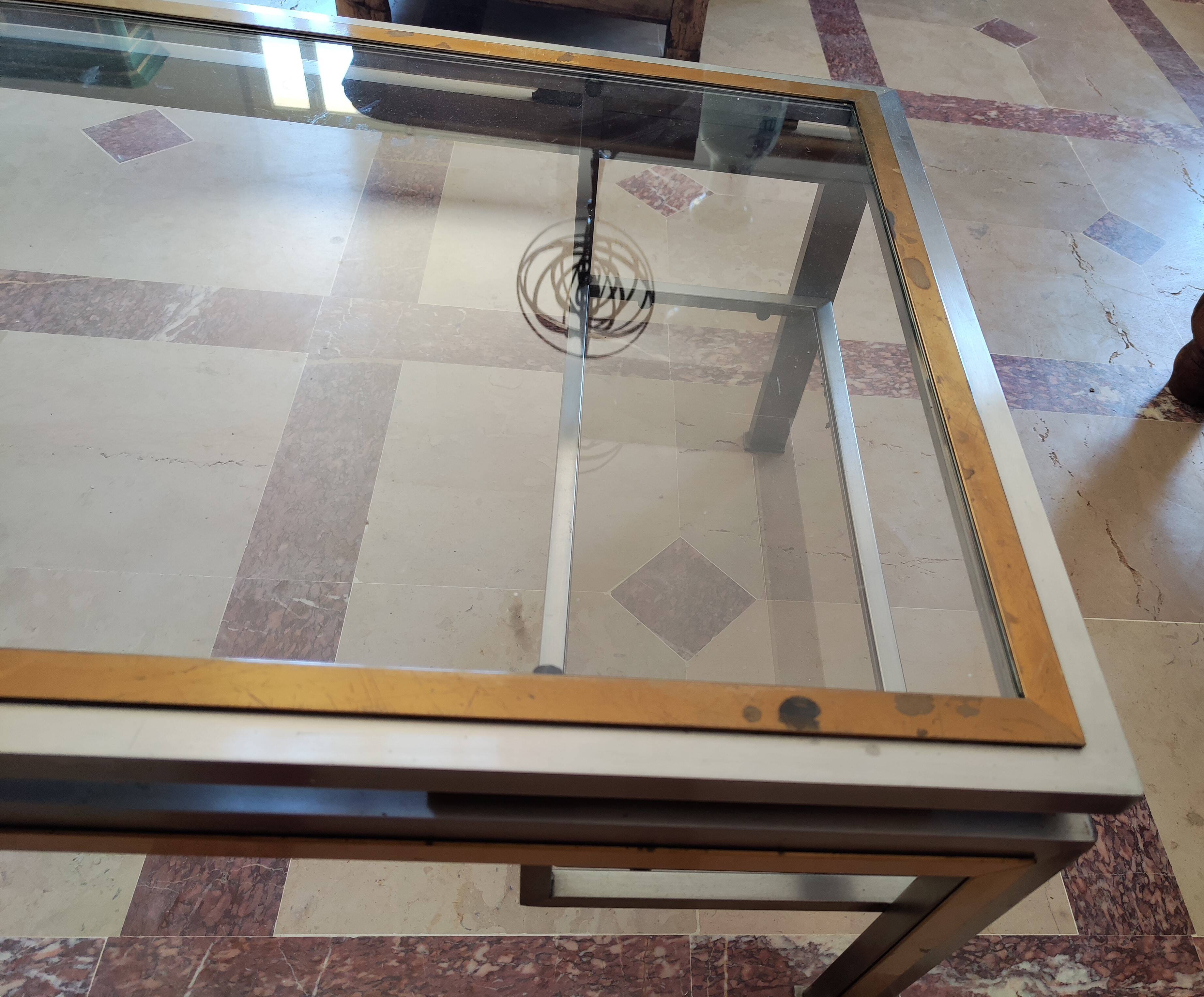 Guy lefèvre for maison jansen coffee table in brushed steel and brass 1970