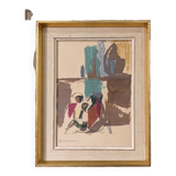 Mid-Century Modern Swedish "Seated Figures" Vintage Figurative Painting, Framed