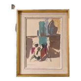 Mid-Century Modern Swedish "Seated Figures" Vintage Figurative Painting, Framed
