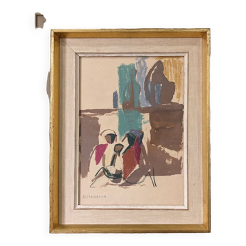 Peinture figurative vintage suédoise « Figures assises » du milieu du siècle, encadrée