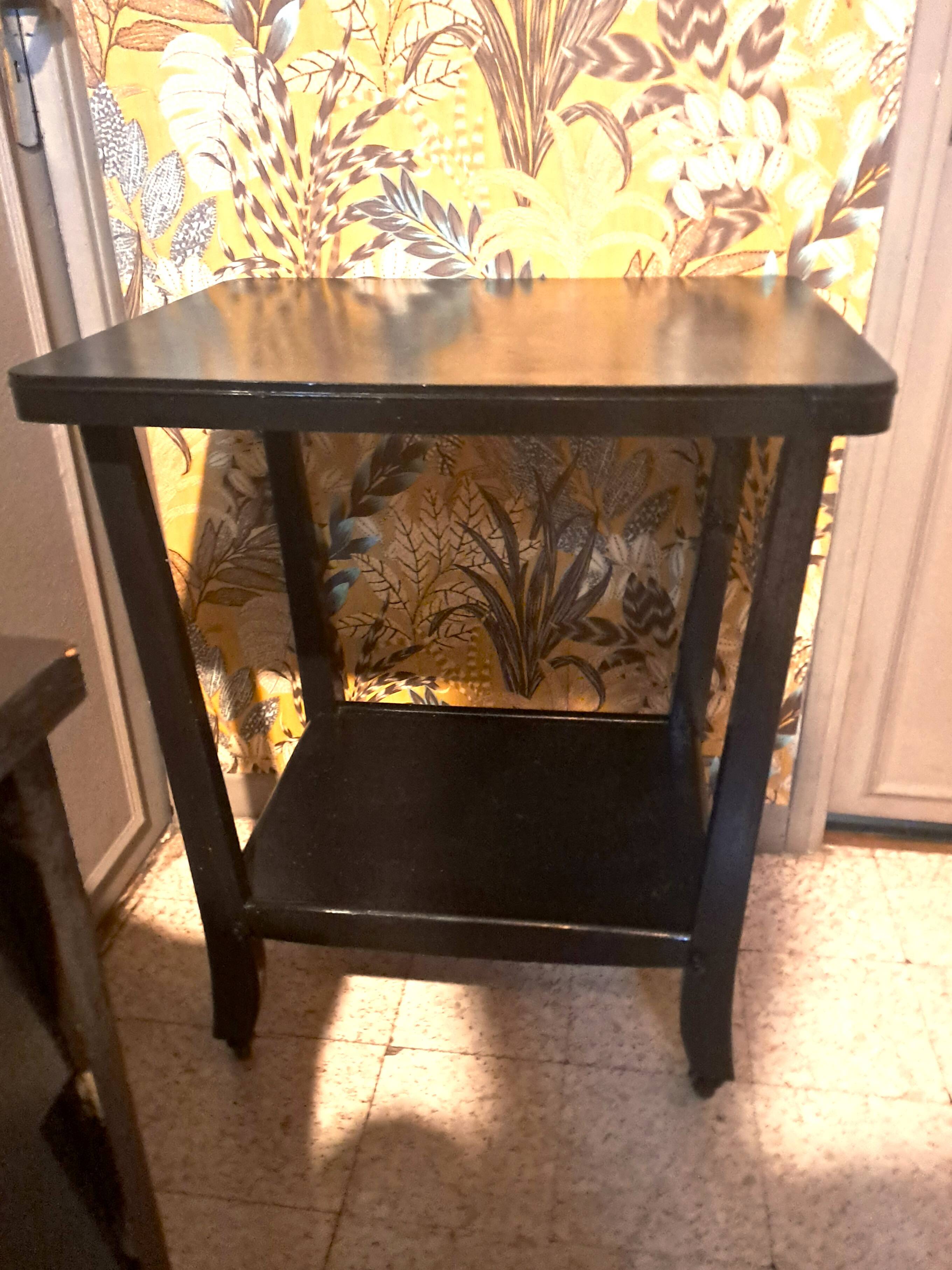 Art Deco style side table, console table on wheels, black varnished wood, 1940