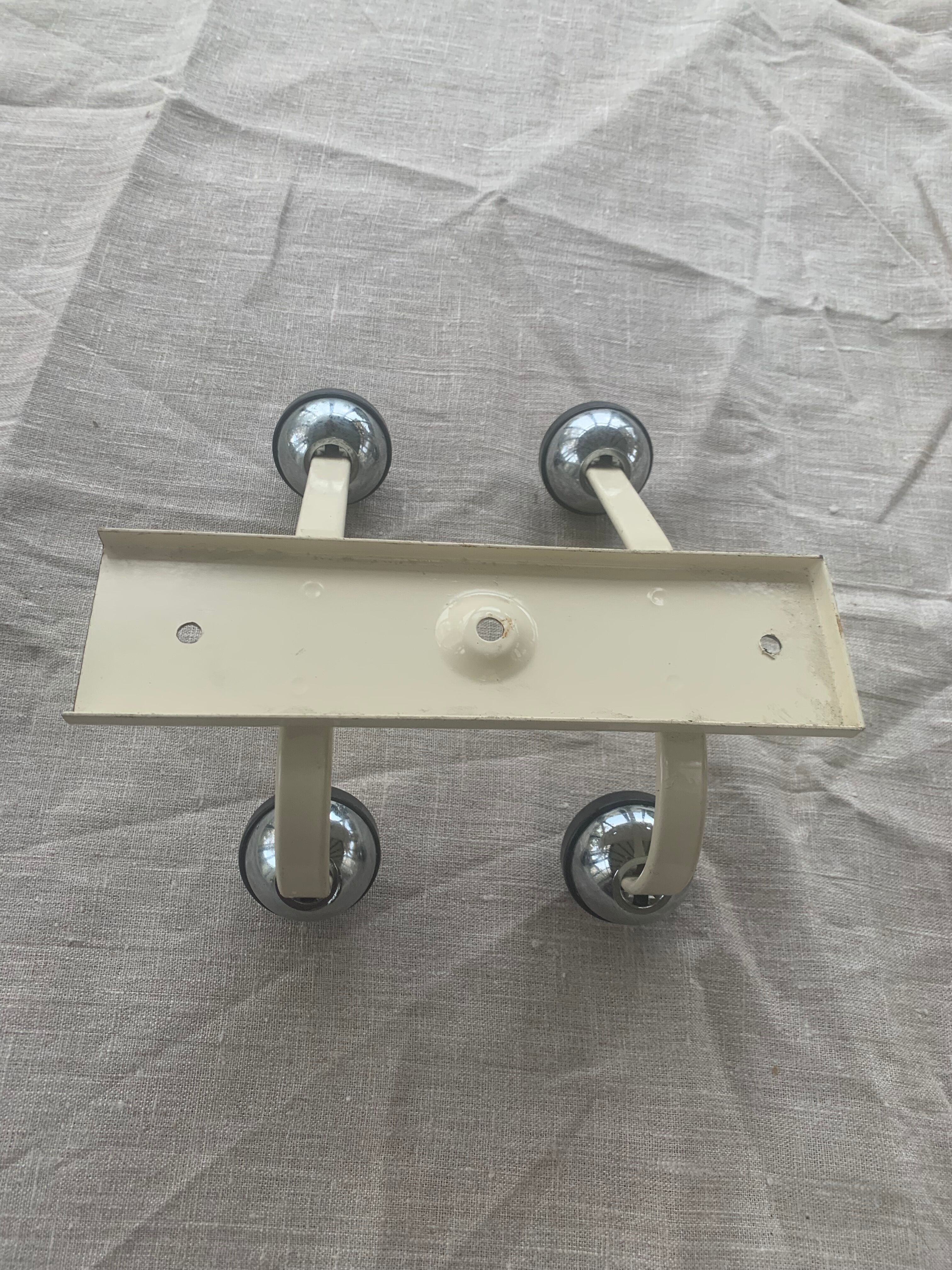 Industrial wall coat rack two hooks in white lacquered metal and vintage silver 1970