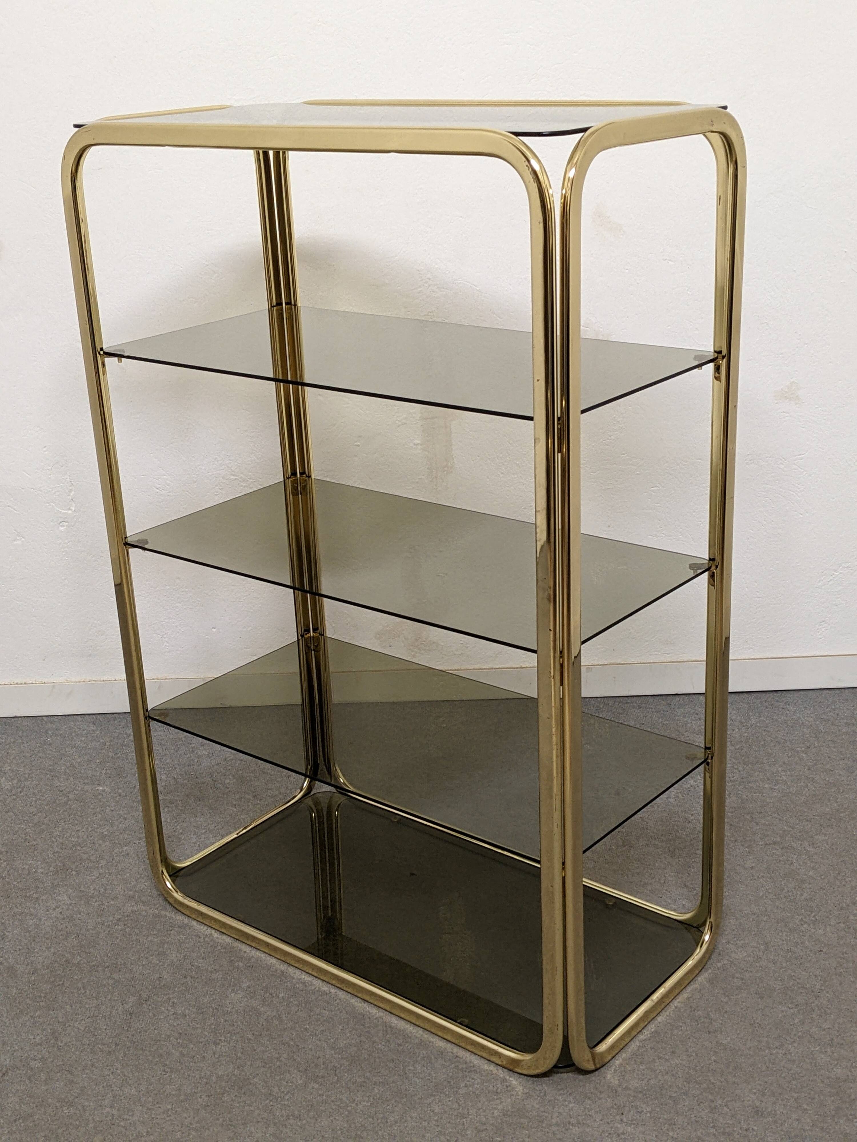Hollywood Regency gilt metal and smoked glass shelf, Italy circa 1970