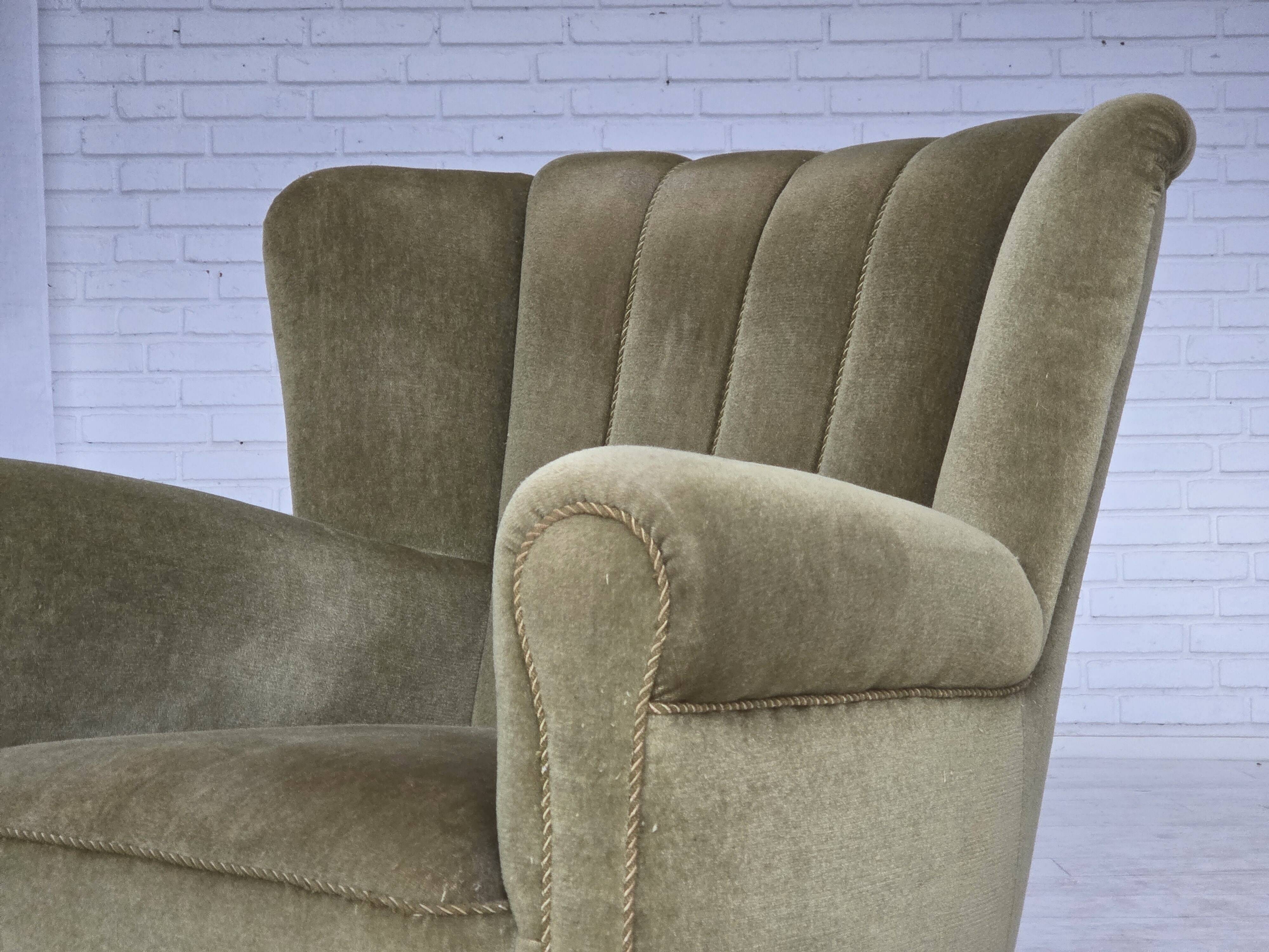 1960s, Danish relax armchair, original green furniture velour, beech wood.