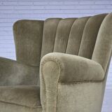 1960s, Danish relax armchair, original green furniture velour, beech wood.