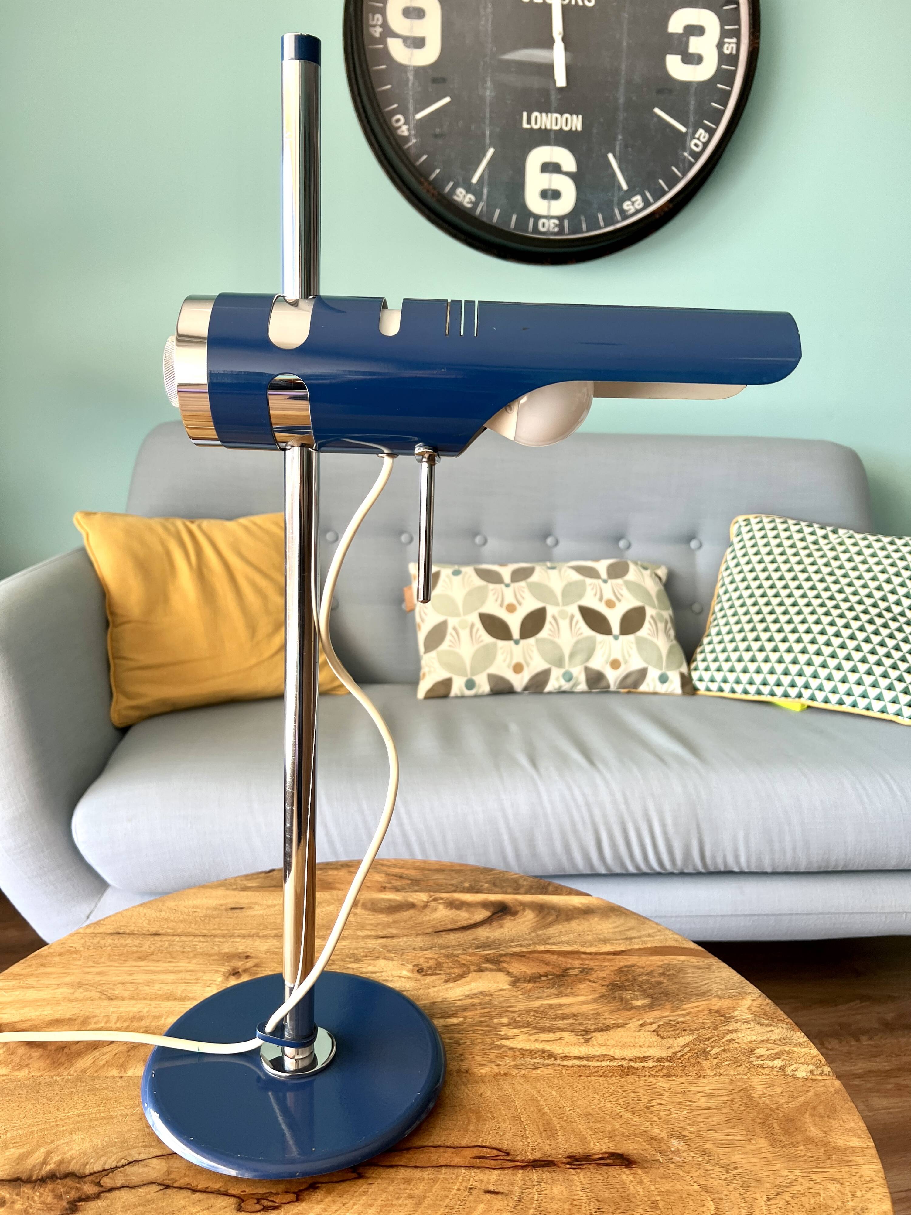 Retro Table Lamp from the 1970s: Articulated Arm, Swivel Shade, Electric Blue Enamel for space age d