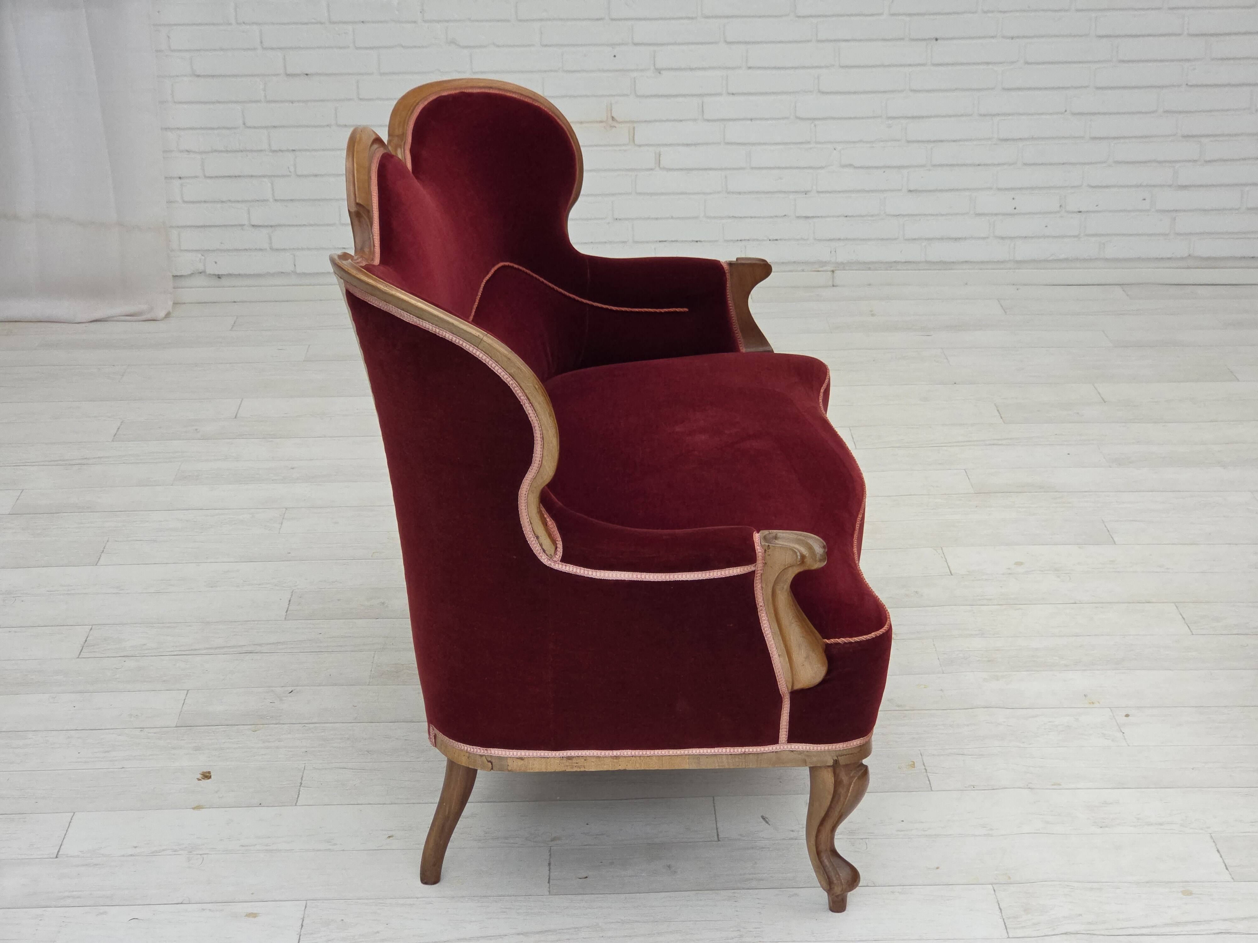 1930s, Danish 2-seater sofa, furniture velour, ash wood, reupholstered.