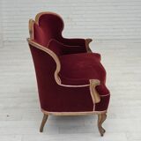 Canapé danois 2 places des années 1930, velours d'ameublement, bois de frêne, retapissé.