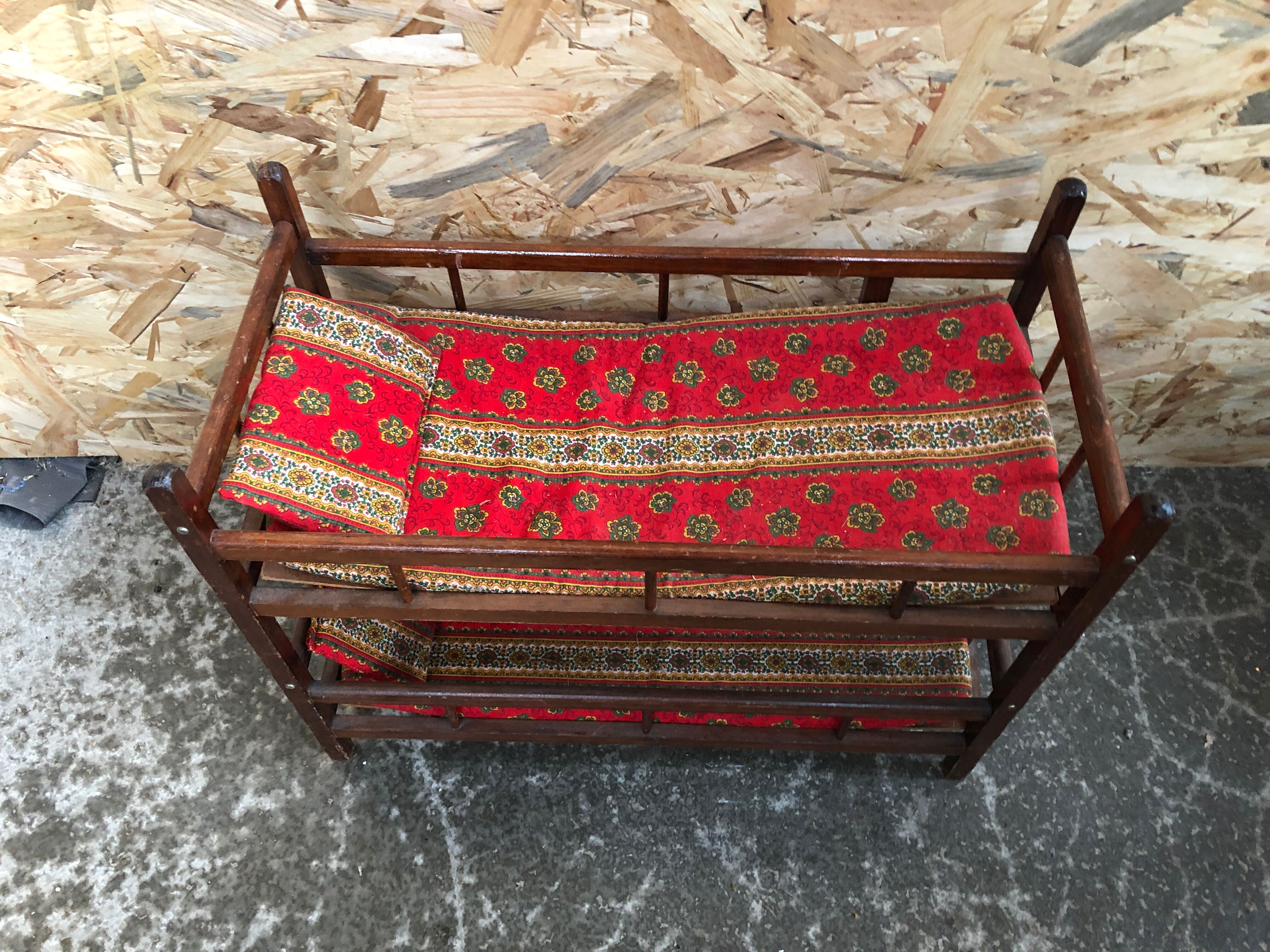 Old bunk bed doll wood + mattresses & cushions vintage fabric