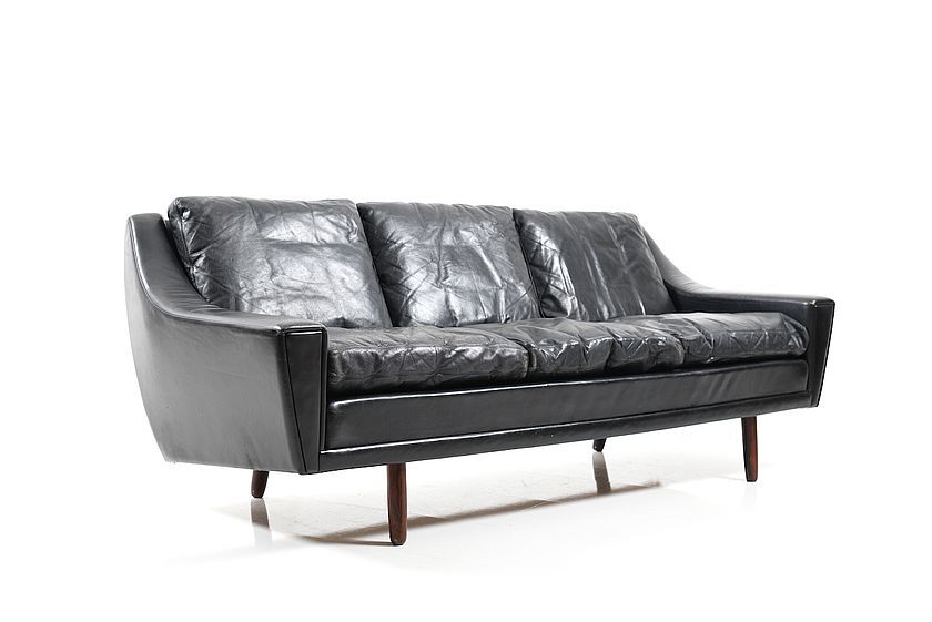 1960s Georg Thams Black Leather Three-Seater Sofa