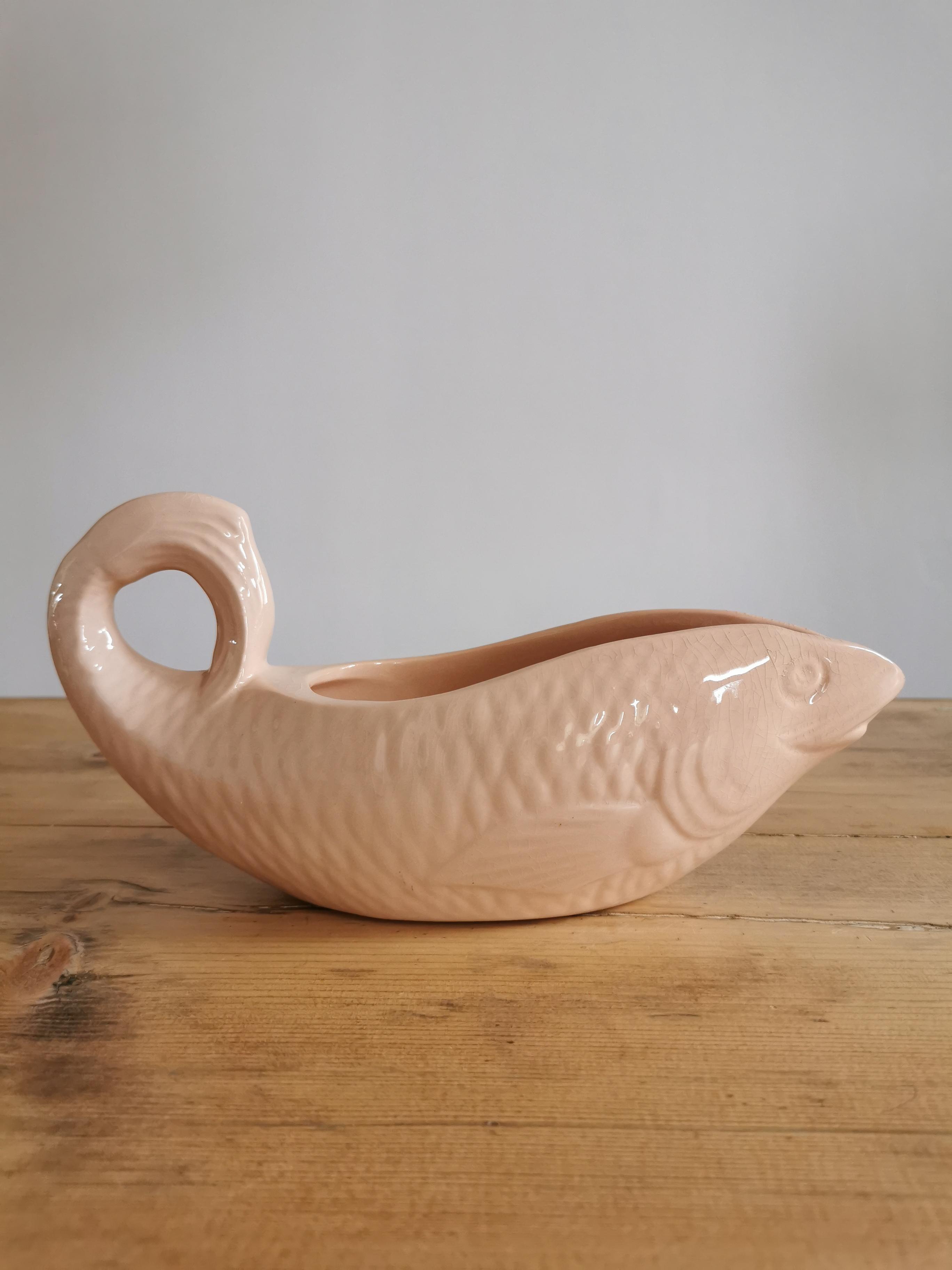 Pink ceramic fish saucière from Digoin, vintage